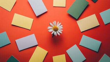 top view of daisy flower on colorful cardboards on red backgroundの素材