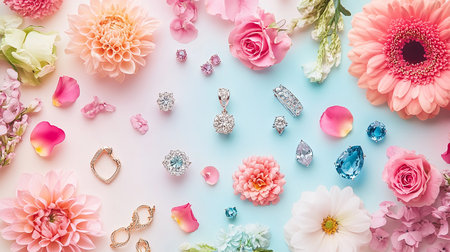 Flowers and jewelry on blue background. Flat lay, top view.の素材