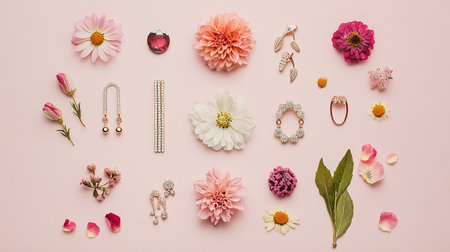 Flowers and jewelry on a pink background. Flat lay, top view.の素材