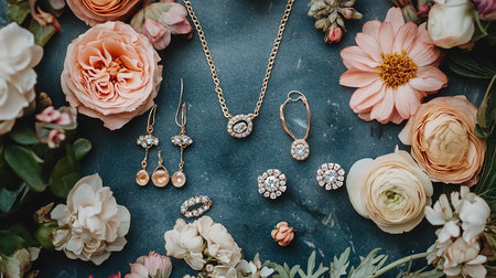 jewelry and luxury concept - close up of golden earrings, rings, earrings and flowersの素材