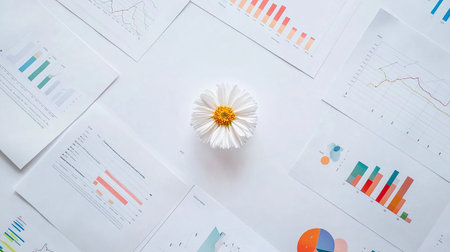 Calendula flower on paper with graphs and charts. Business conceptの素材