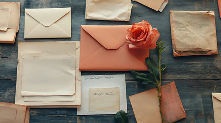 Envelopes, postcards and a rose on a wooden backgroundの素材