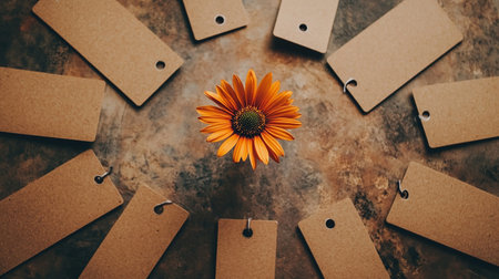 Top view of empty tags and yellow flower on rustic background.の素材