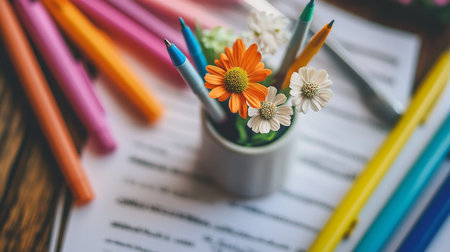 Pencils and flowers in a glass on the table. Selective focus.の素材