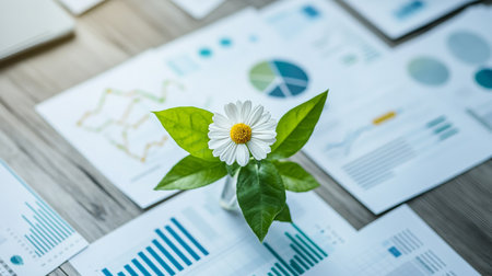 Chamomile flower on the table with financial charts and graphsの素材