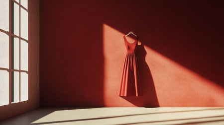 Fashionable evening dress hanging on a red wall. 3d renderingの素材