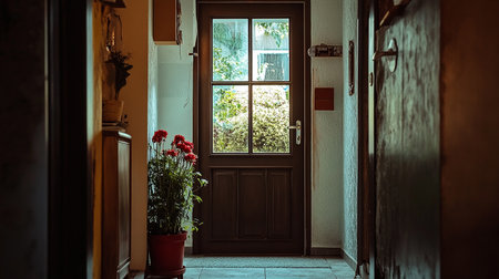 The door of an old house with flowers in a vase.の素材