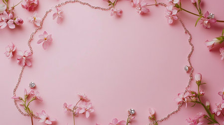 Pink cherry blossoms on pink background with copy space, flat layの素材