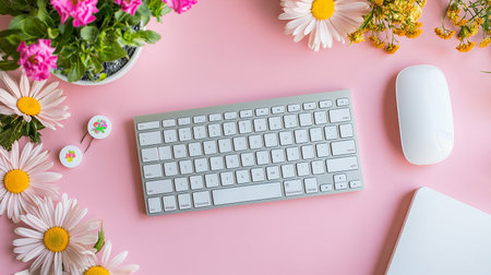 Flat lay of computer keyboard, mouse and flowers on pink backgroundの素材