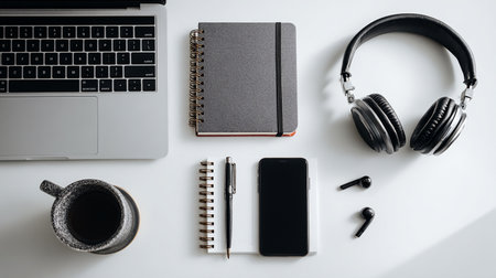 Laptop, phone, headphones, notebook and cup of coffee on white tableの素材