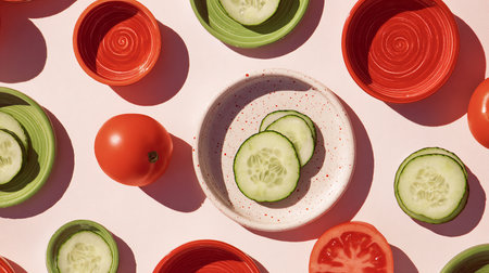 Cucumber and tomato slices in plates on a pink background.の素材