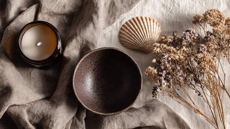 Still life with bowl, candle, dried flowers and seashellsの素材