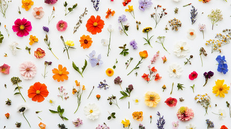 Colorful flowers pattern on white background. Flat lay, top viewの素材