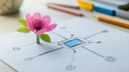 Flower and drawings on a table with pencils and vaseの素材