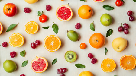 Fruits and berries pattern on white background. Flat lay, top viewの素材