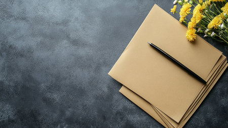 Blank notebook, pen and chrysanthemum flowers on dark backgroundの素材