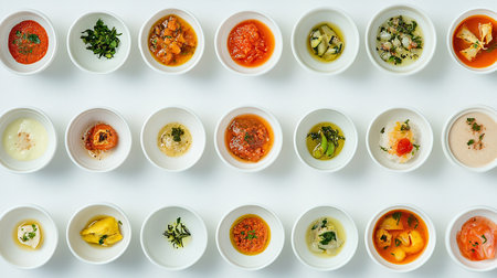 Seamless pattern of different sauces in bowls on white background, top viewの素材