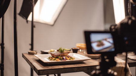 Grilled steak on the table in the studio. Food styling.の素材