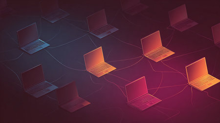 Laptops connected to each other on abstract background. Vector illustrationの素材