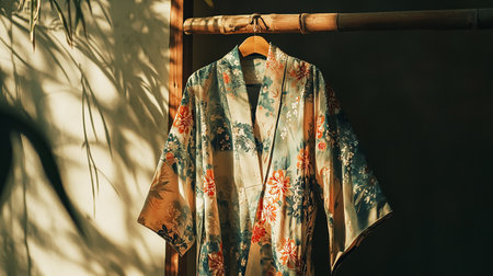 Japanese kimono hanging on a clothes rack, vintage tone.の素材