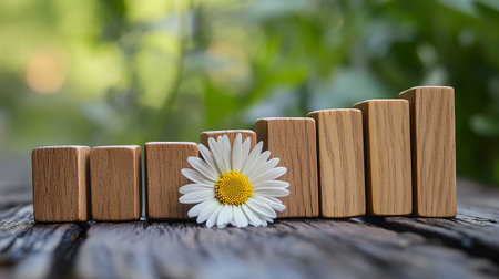 Chamomile flower and wooden blocks on a wooden background.の素材