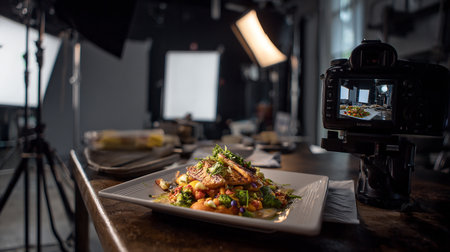 Restaurant menu. Restaurant food styling. Food styling and restaurant meal serving concept.の素材