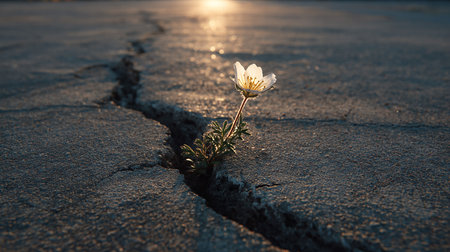 White flower on crack in the asphalt road. Conceptual image.の素材