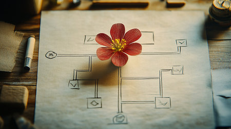 Drawing a house plan with a red flower on a piece of paperの素材