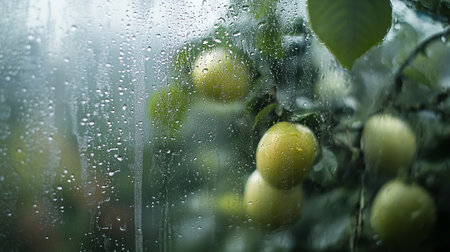 Close-up view of rain drops on glass with green lemon fruitsの素材