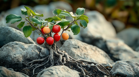 Bonsai tree with red fruits on the rock in garden.の素材