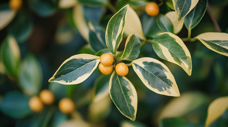 Close up of green leaves with small yellow fruits, shallow depth of fieldの素材