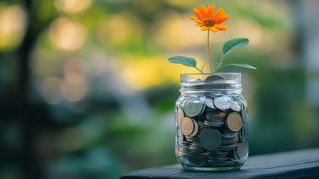 Coins in glass jar with plant growing on it for save money concept.の素材
