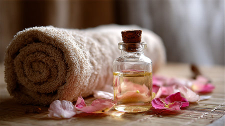 Spa still life with aroma oil, towel and rose petalsの素材