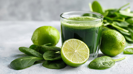 Healthy green smoothie with fresh spinach leaves and lime on a light background.の素材