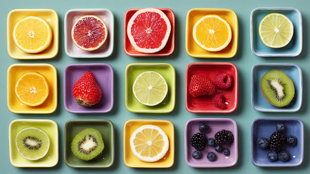 Colorful fruit bowl with lime, lemon, kiwi, grapefruit, orange, strawberry and blueberryの素材