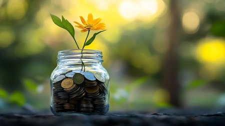 plant growing out of coins in the glass jar with filter effect retro vintage styleの素材