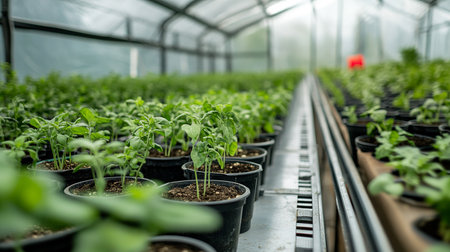 Young seedlings of pepper in a greenhouse. Selective focus.の素材