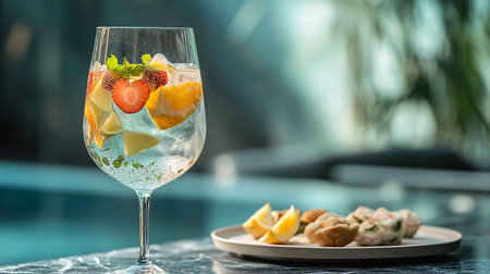 Glass of delicious lemonade with berries on table in cafe, closeupの素材