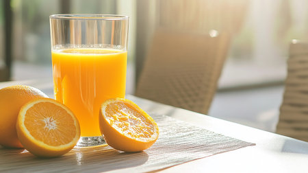 Orange juice in a glass and orange fruit on the table near the windowの素材