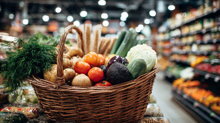 Fresh vegetables in a wicker basket on the background of the supermarketの素材