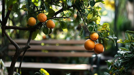 Ripe tangerine fruits on a tree in the garden.の素材