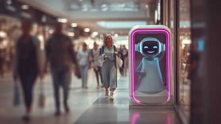 Woman walking in the shopping mall with robot. 3d rendering.の素材