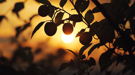 Plum tree with ripe fruits at sunset. Nature background. Selective focus.の素材