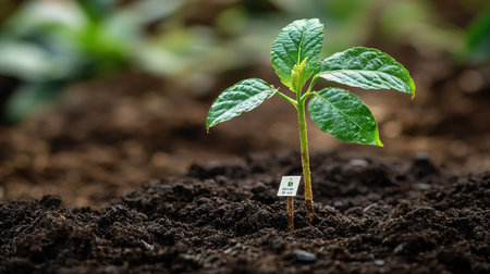 Young green seedling growing from seed on fertile soil in vegetable gardenの素材