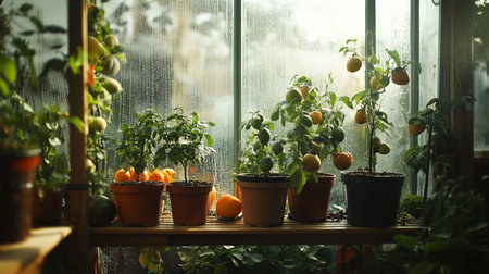 Tangerines and tomatoes in pots on the windowsill in the greenhouseの素材