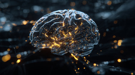 3d rendering of a human brain with glowing particles in the backgroundの素材