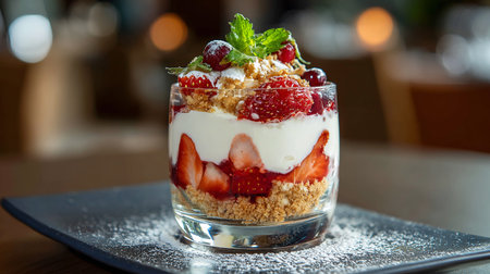 dessert with strawberries and cream in a glass on a wooden tableの素材