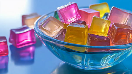 Colorful jelly candies in glass bowl on blue background, closeupの素材