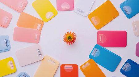 Flat lay of colorful mobile phone case and flower on white backgroundの素材