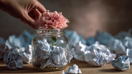 Hand putting a flower in a glass jar with crumpled paperの素材